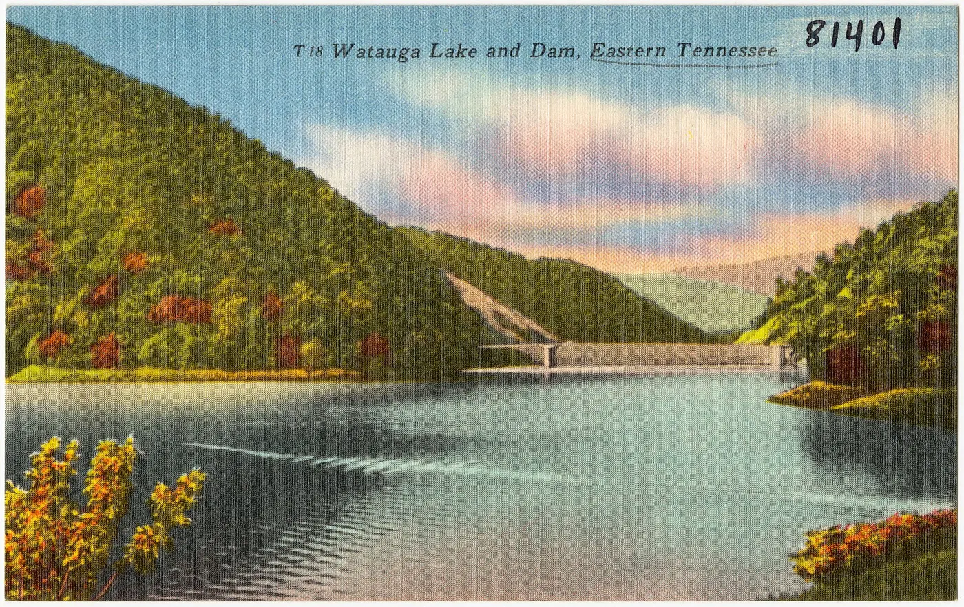 Vintage postcard of Watauga Lake and Dam